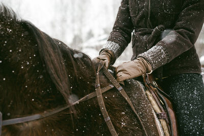 Midsection of woman riding horse during winter