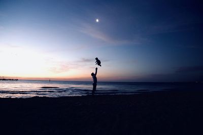 Silhouette father with son enjoying on beach against sky during sunset