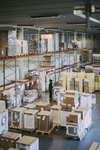 Businesswoman analyzing box containers in warehouse