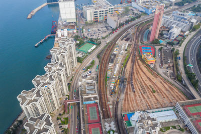 High angle view of city buildings