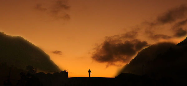 Silhouette woman standing by tree against sky during sunset