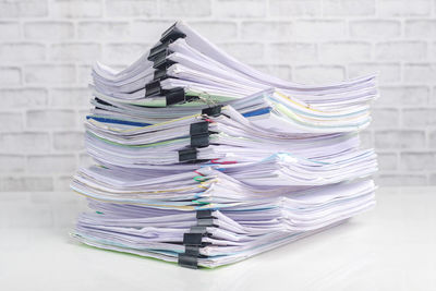 Close-up of stack on table