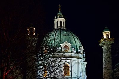 Low angle view of cathedral against sky at night