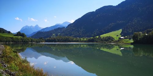 Scenic view of lake and mountains against sky