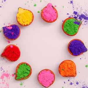 High angle view of multi colored candies on table