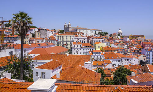 High angle shot of townscape against clear sky