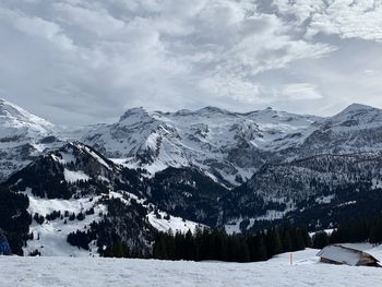 Scenic view of snowcapped mountains against sky