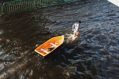 High angle view of man in water