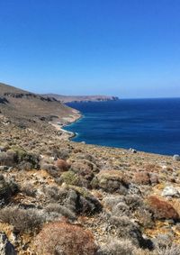 Scenic view of sea against clear blue sky