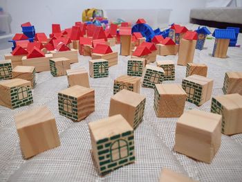 High angle view of toys on table