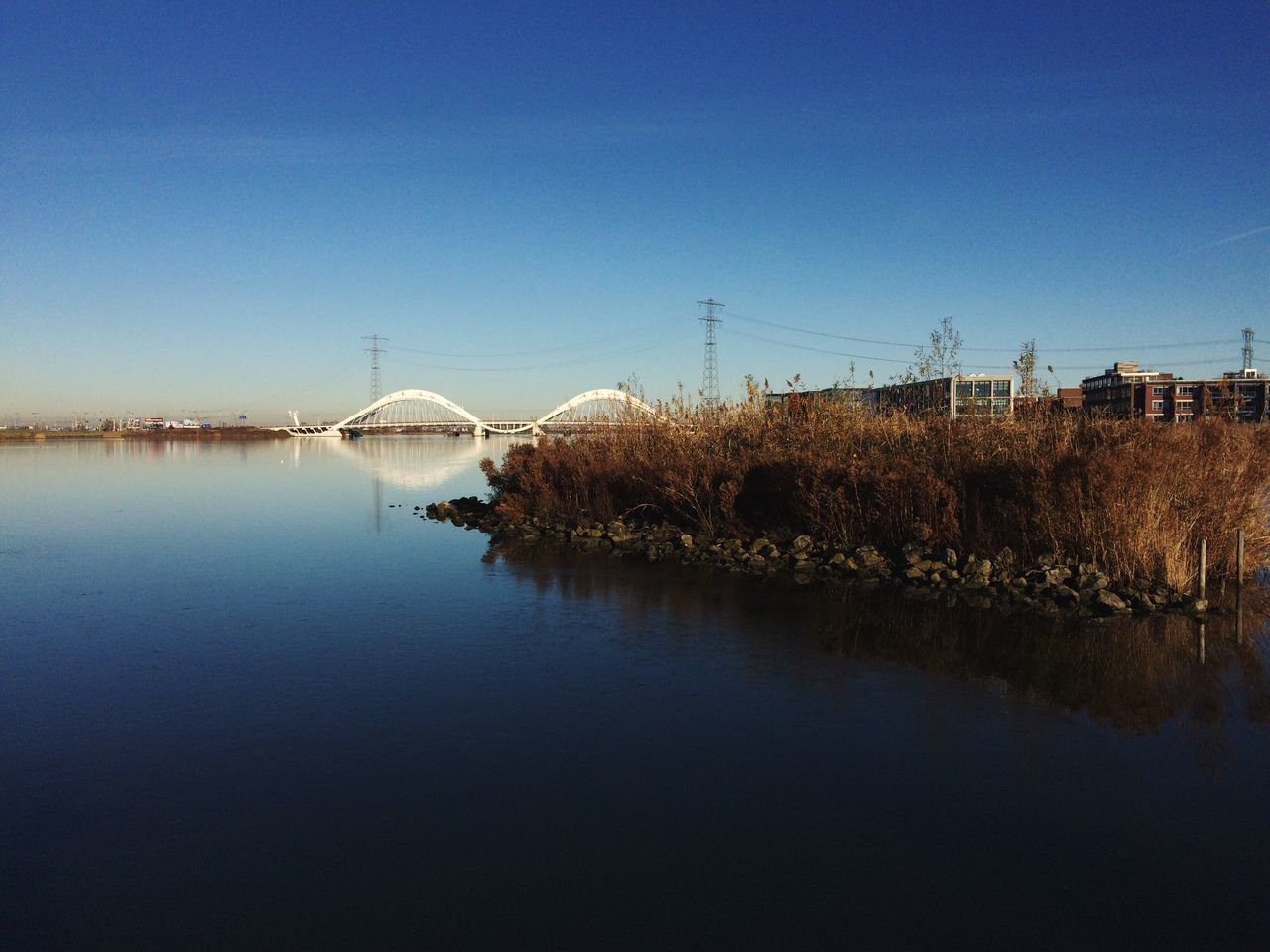 water, reflection, blue, sky, nature, tranquility, tranquil scene, beauty in nature, built structure, clear sky, scenics, no people, tree, outdoors, day