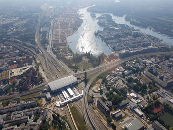 High angle view of city street and buildings