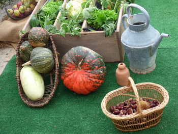 High angle view of fruits in basket on table