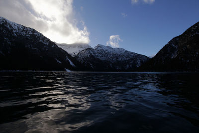 Scenic view of lake by mountains against sky