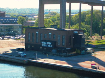 View of swimming pool by building in city