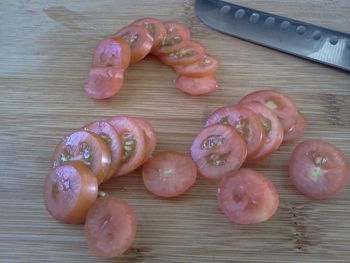 High angle view of chopped vegetables on cutting board