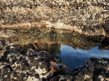 High angle view of rock formation in lake