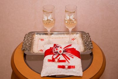 High angle view of champagne flutes on table