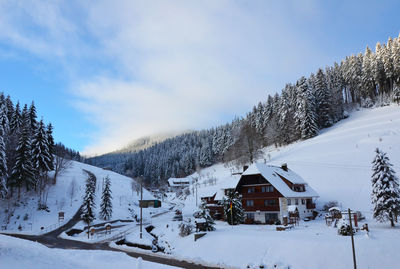 Snow covered houses and trees against sky