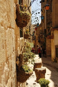 Rear view of man walking on narrow street amidst buildings