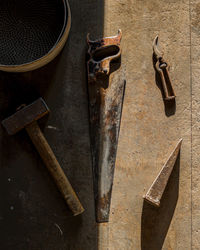 High angle view of work tools on table