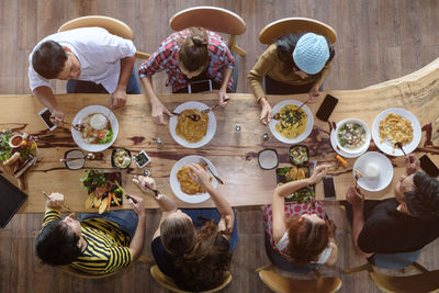 High angle view of people eating food