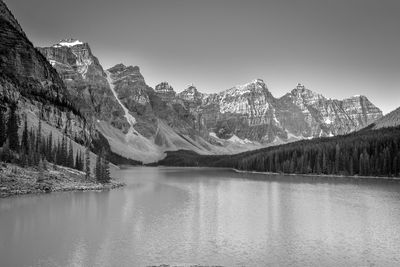 Scenic view of lake by mountains against sky