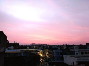 High angle shot of cityscape at sunset