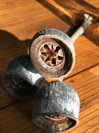 High angle view of rusty metal on table