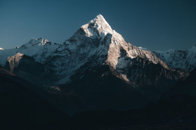 Scenic view of snowcapped mountains against clear sky