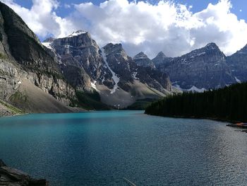 Scenic view of lake and mountains against sky