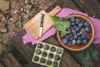 High angle view of fruits and leaves on table