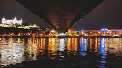 Illuminated bridge over river against sky in city at night
