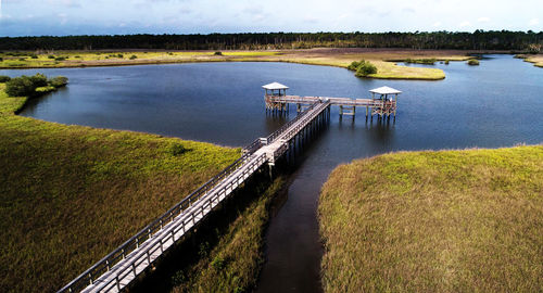 High angle view of bridge over river against sky