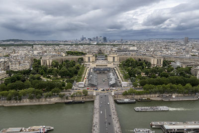 High angle view of buildings in city against sky