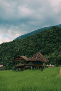 Houses on field against mountain