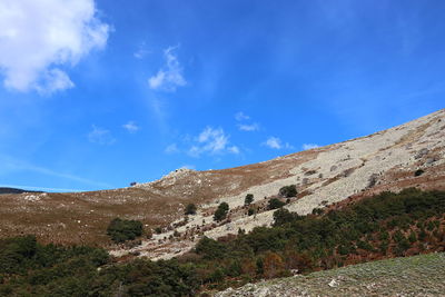 Low angle view of mountain against blue sky