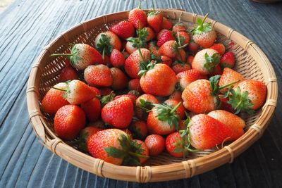 High angle view of strawberries in basket on table