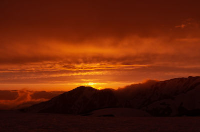 Scenic view of dramatic sky over mountains during sunset