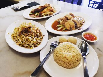 High angle view of food served on table