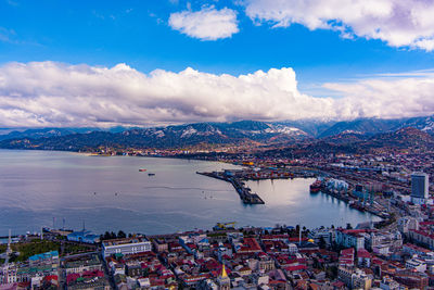 High angle view of harbor in city