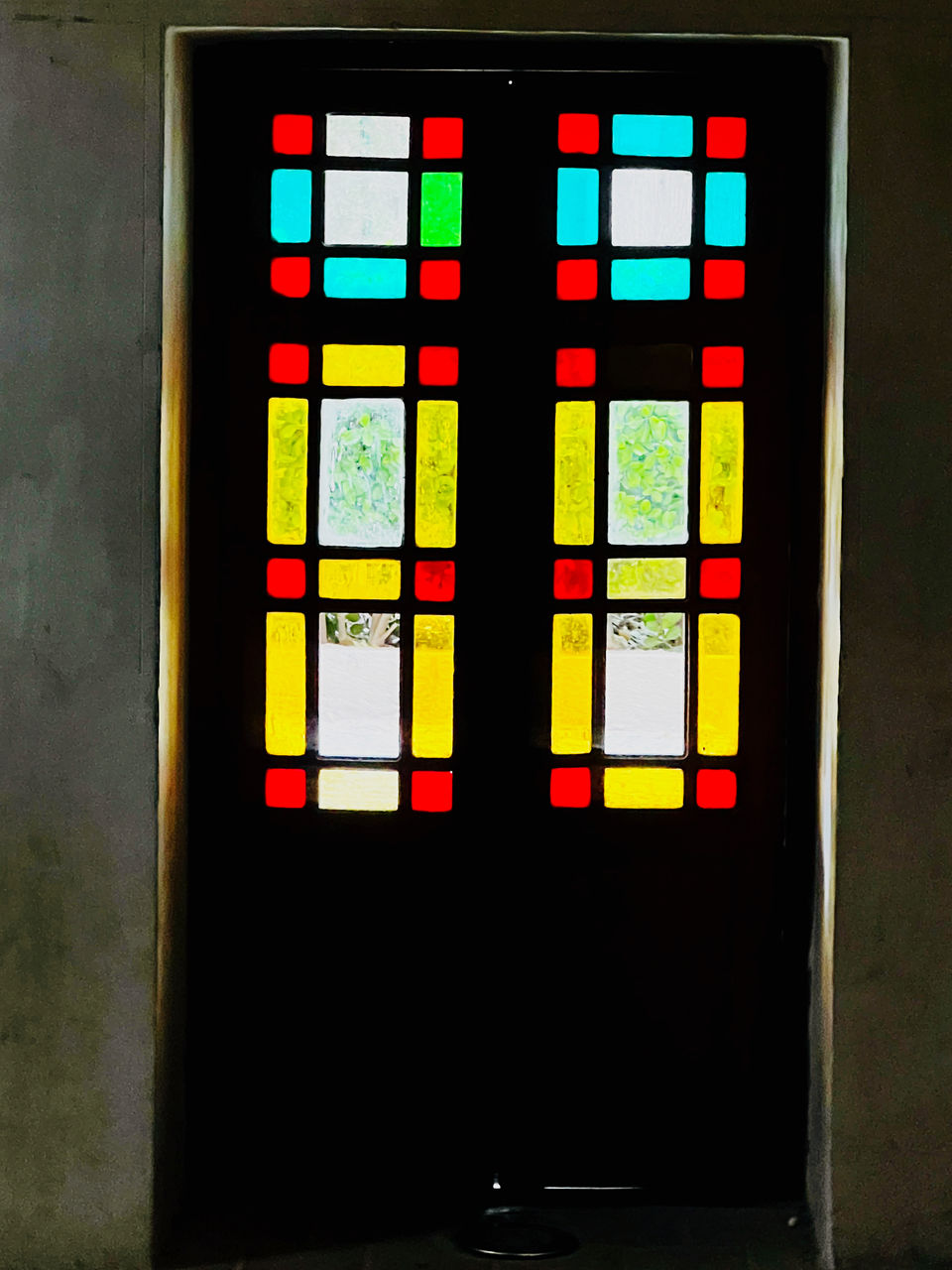 window, glass, multi colored, indoors, no people, light, display device, lighting, stained glass, wall - building feature, architecture