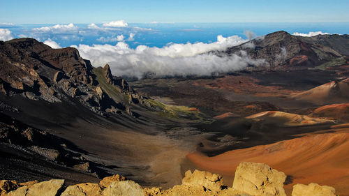 Panoramic view of volcanic landscape against sky