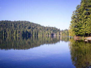 Scenic view of lake against clear blue sky