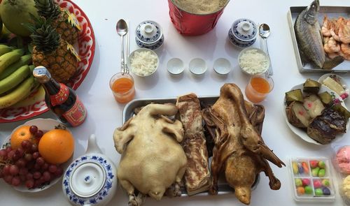 High angle view of food served on table