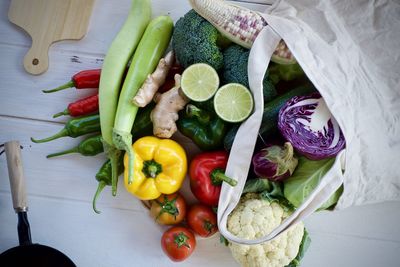 High angle view of fruits and vegetables on table