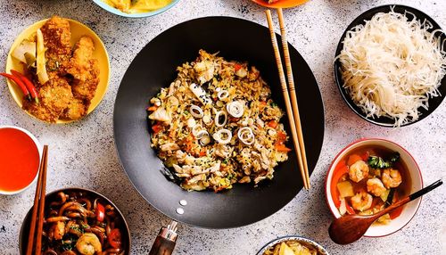 High angle view of food served on table