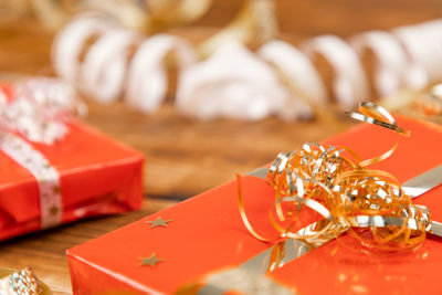 Close-up of christmas decorations on table