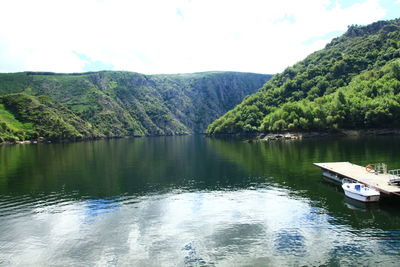 Scenic view of lake by trees against sky