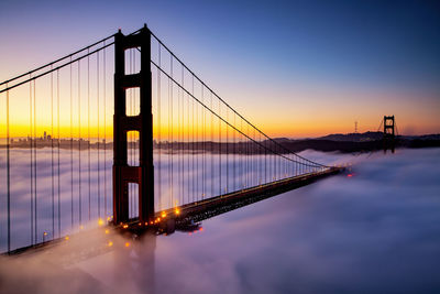 View of suspension bridge at sunset